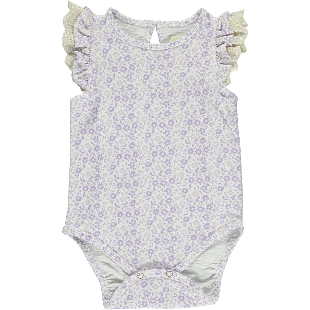 Purple floral flutter sleeve onesie for baby 