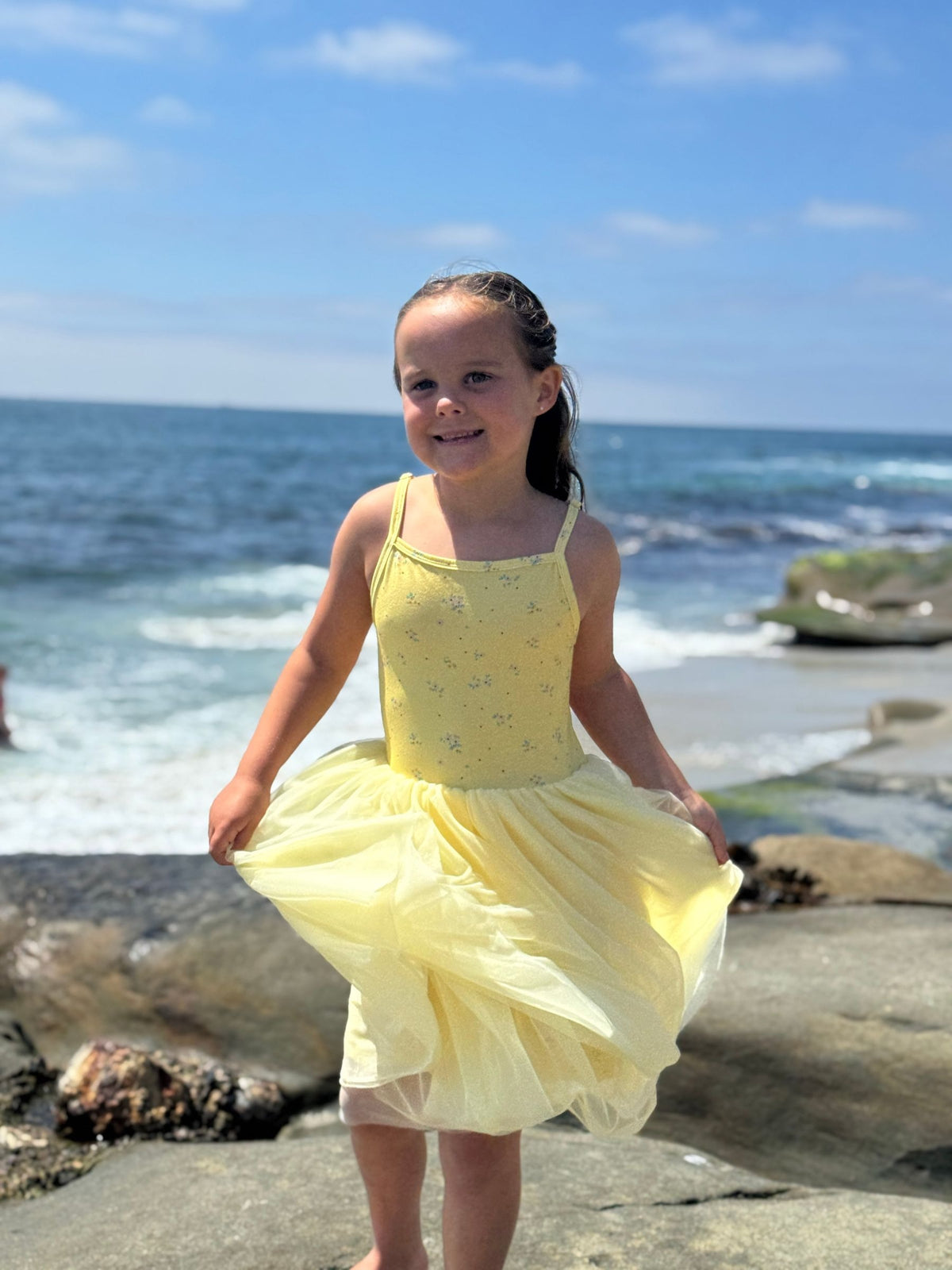 kaia dress in yellow floral with tulle