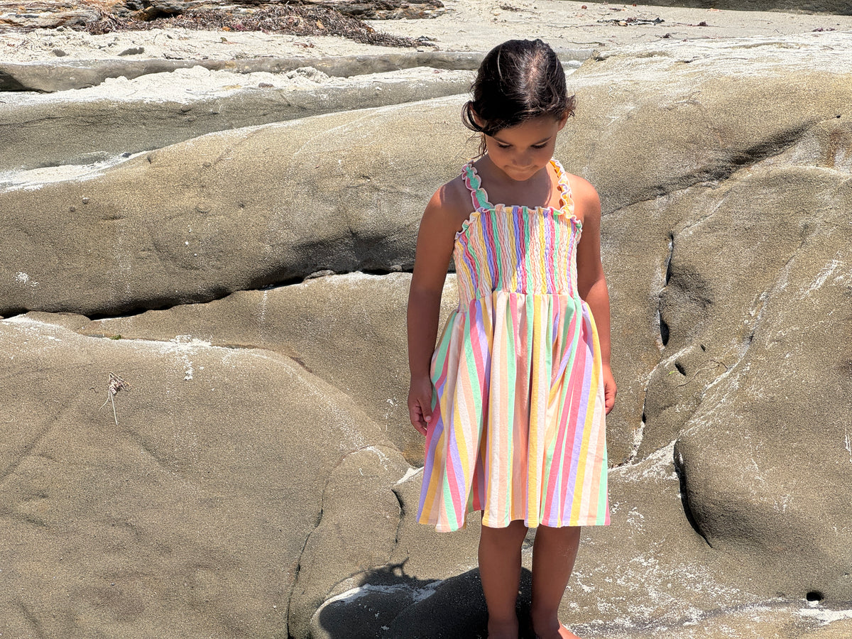 savannah dress in pink yellow multi-stripe