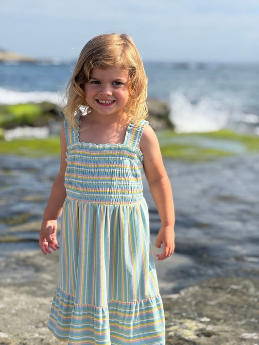 susie dress in blue multi stripe