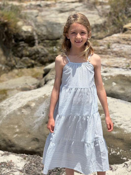 sage dress in blue stripe