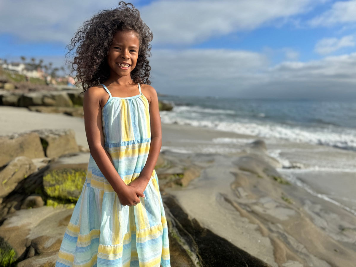 sage dress in yellow & blue stripe