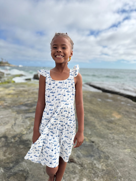 emmie dress in navy sailboats