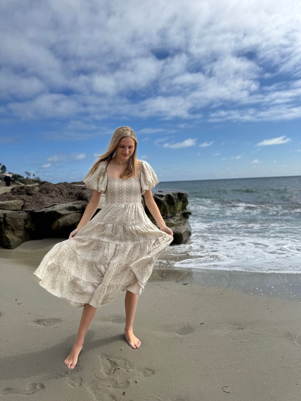 beth dress in oatmeal embroidered
