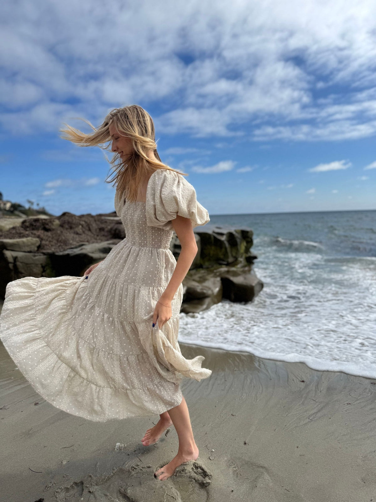 beth dress in oatmeal embroidered