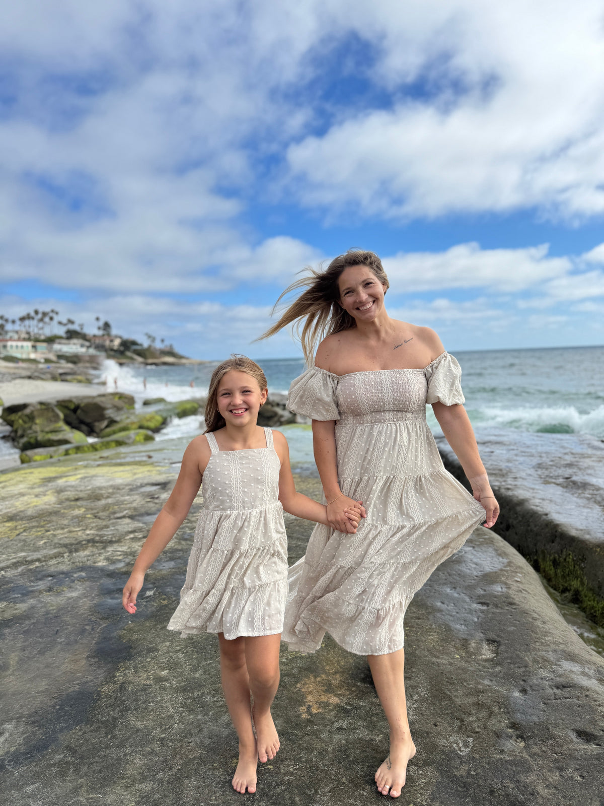 beth dress in oatmeal embroidered