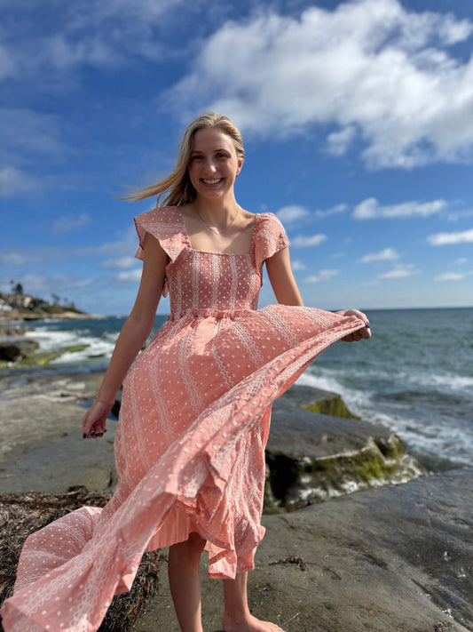 polly dress in dusty rose embroidered
