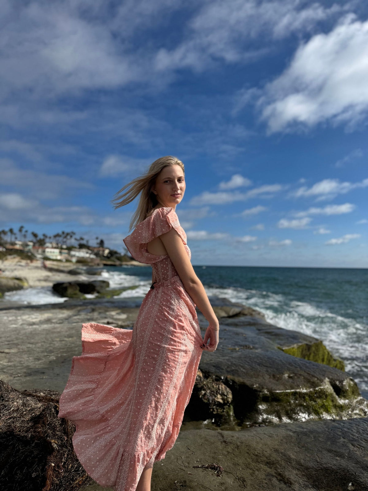polly dress in dusty rose embroidered