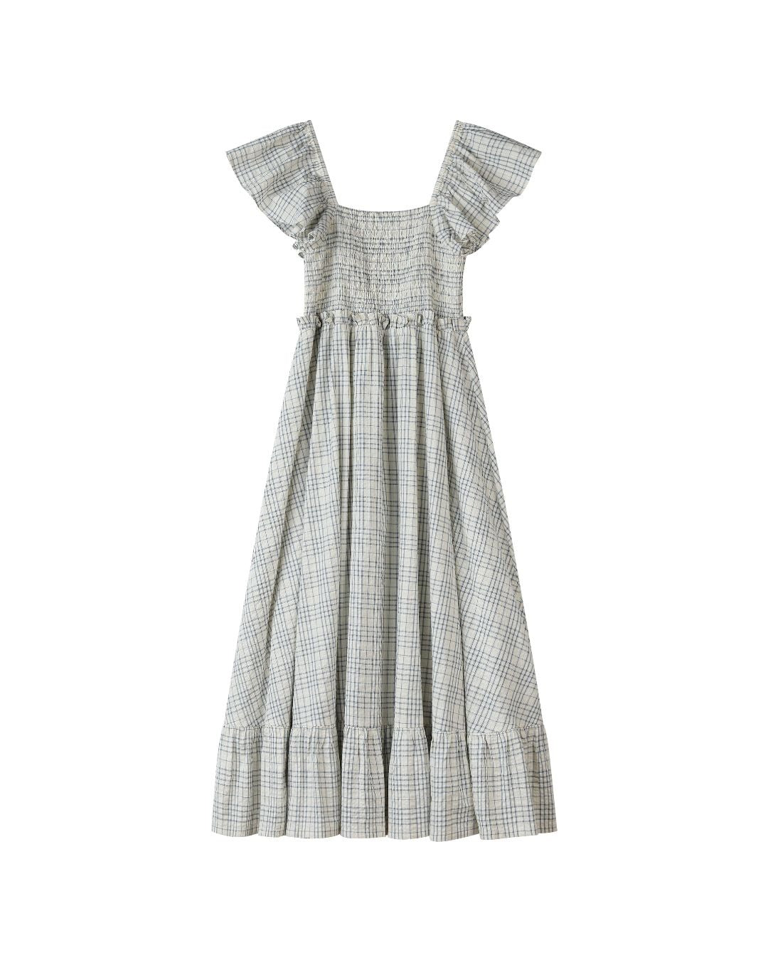 polly dress in blue plaid seersucker