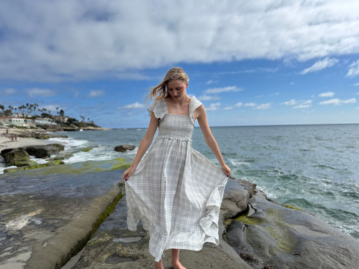polly dress in blue plaid seersucker