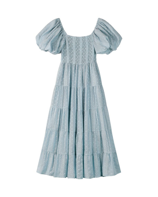 beth dress in blue embroidered