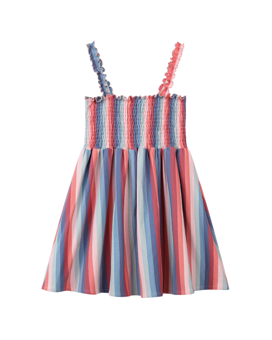 savannah dress in red blue multi-stripe