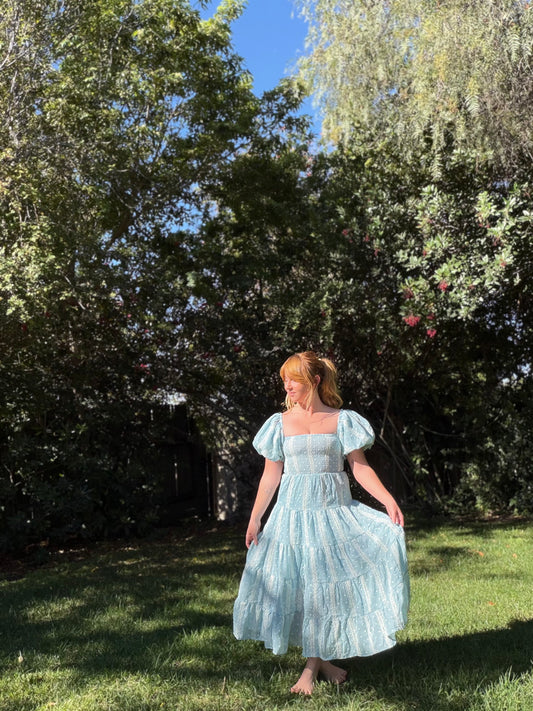 beth dress in blue embroidered