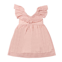  Pink Swiss dot sun dress with ruffled collar, size 12-18m-16y
