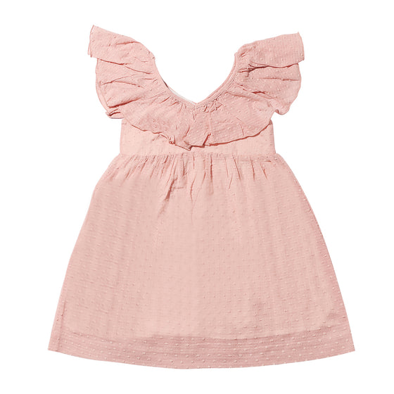 Pink Swiss dot sun dress with ruffled collar, size 12-18m-16y