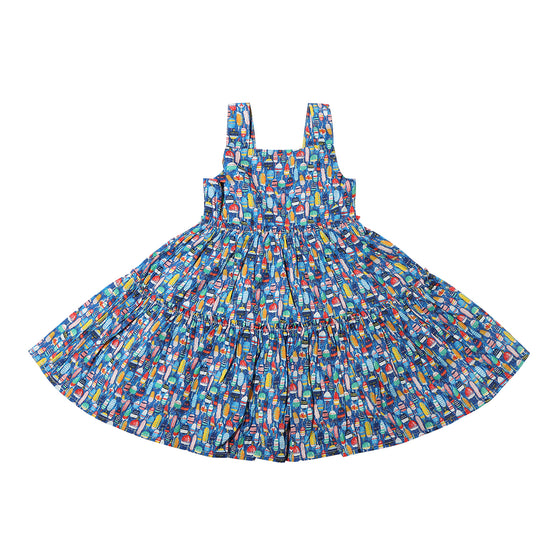 Blue sun dress with colorful nautical buoy print, size 12-8m-16y
