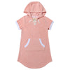 pink hooded Terry cloth dress with pocket, comes in sizes 12-18 months -16 years 