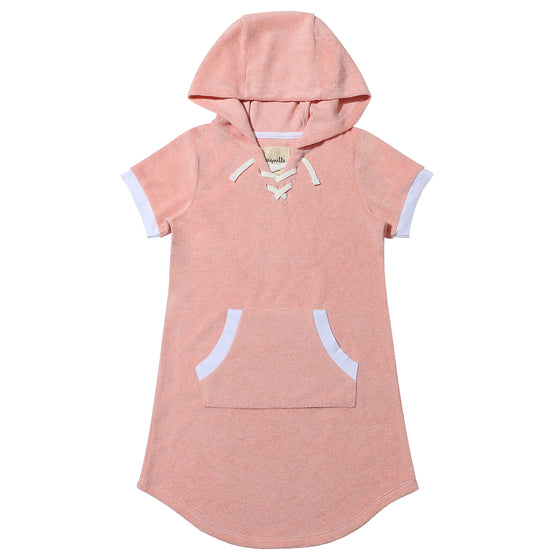 pink hooded Terry cloth dress with pocket, comes in sizes 12-18 months -16 years 