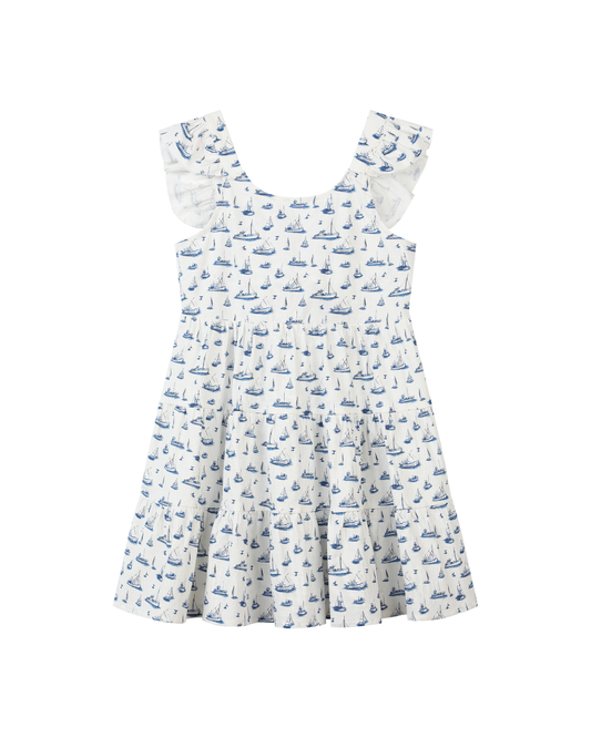 emmie dress in navy sailboats