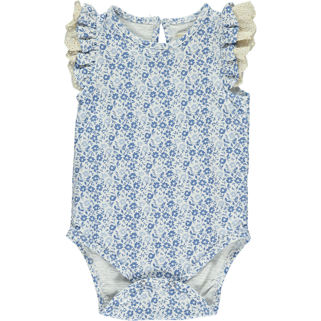 Blue floral flutter sleeve onesie for baby 