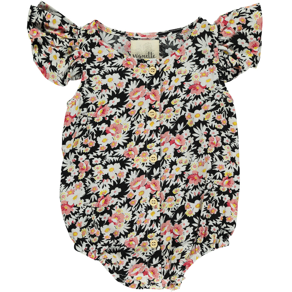 Pink and black floral baby bubble one piece 