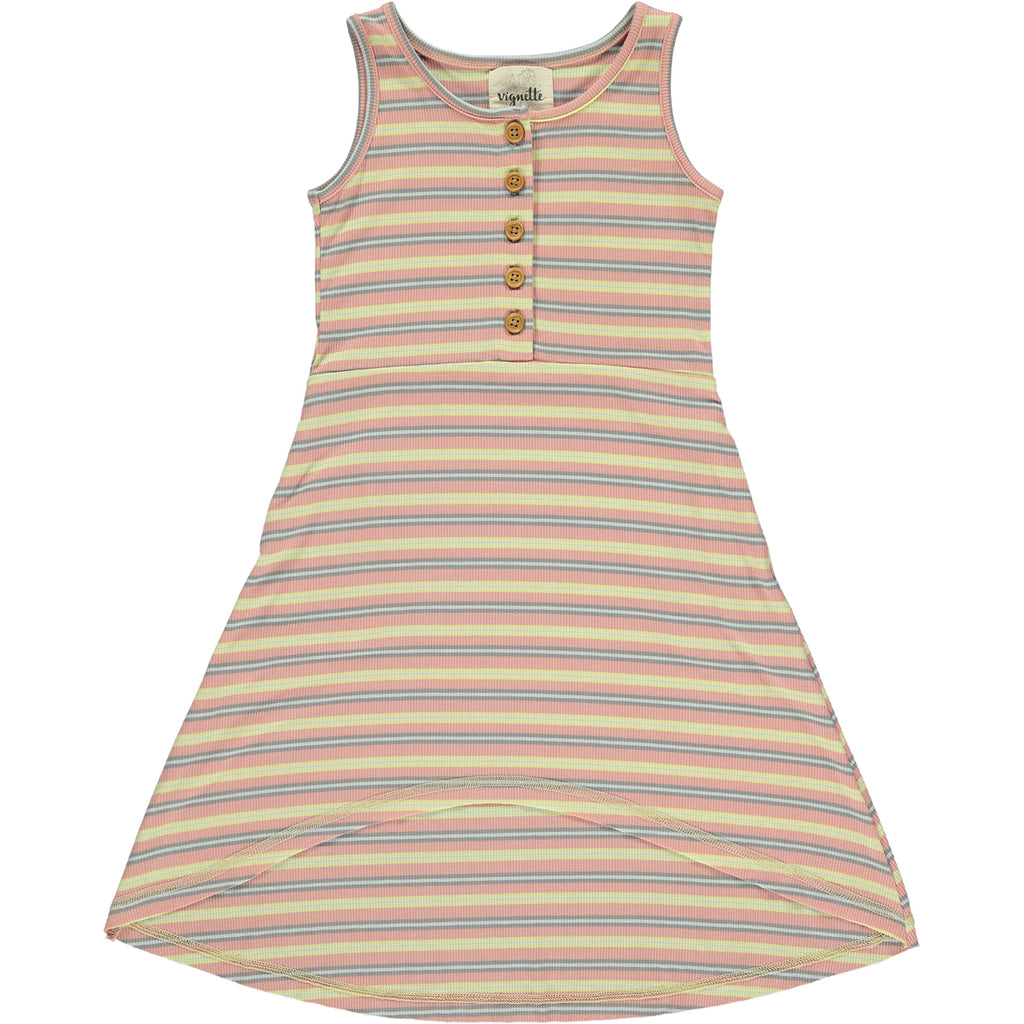 Retro inspired pink multi striped wood button dress for girls