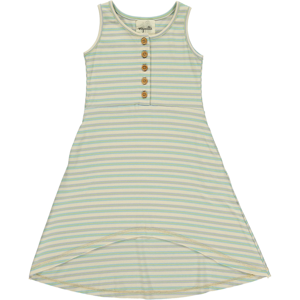 Retro inspired Green striped wood button dress for girls
