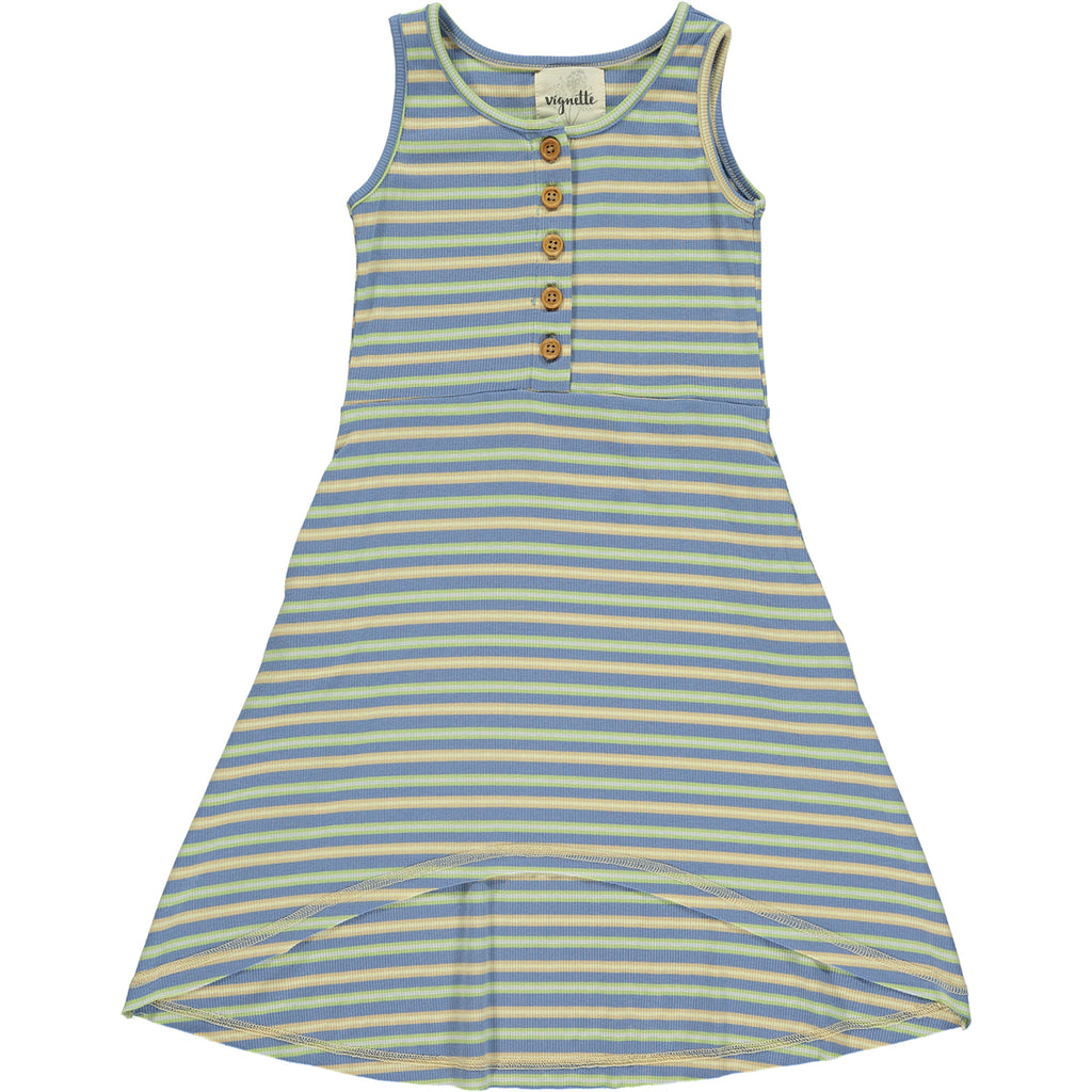 Retro inspired blue striped wood button dress for girls