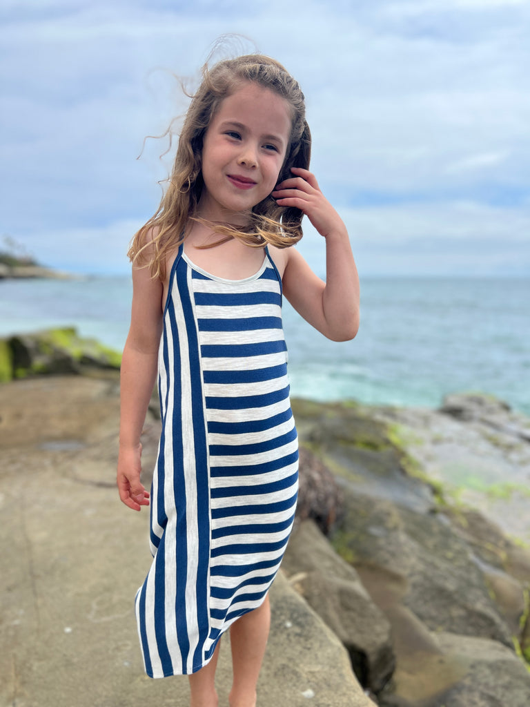 Girl's Navy and Ivory stripe maxi jersey dress