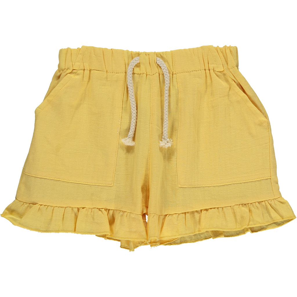 drawstring casual ruffle shorts for girls in yellow