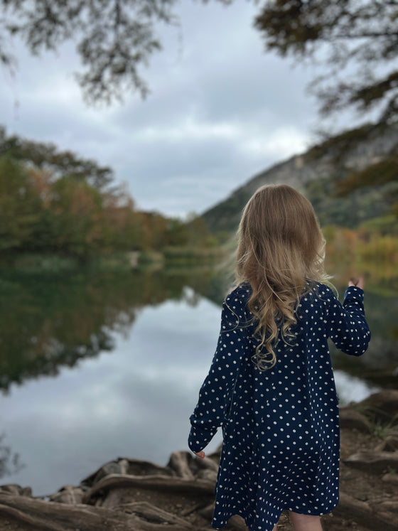 Leena Dress in Navy Polka Dot