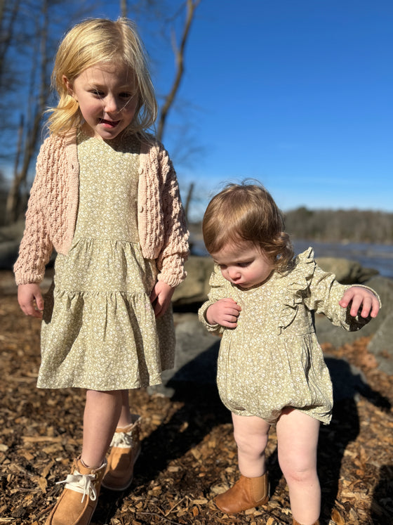 Baby and sister matching outfit tan bubble and tan dress in folklore  In 