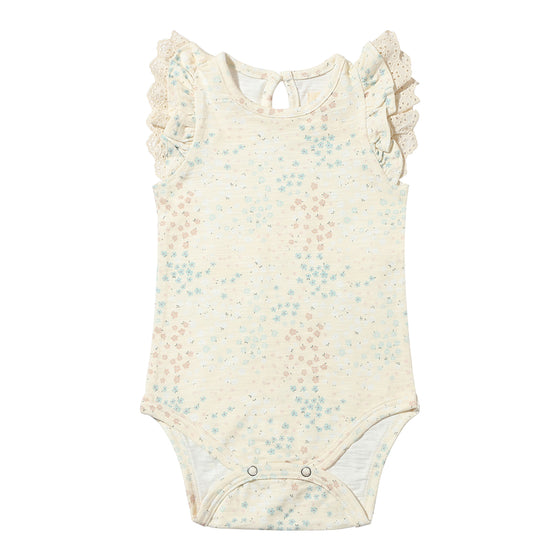 Delicate flutter sleeve floral print onesie with lace trim