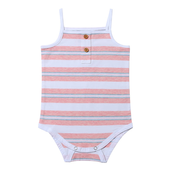 A flat shot of the Karter onesie in Pink Retro Stripe 
