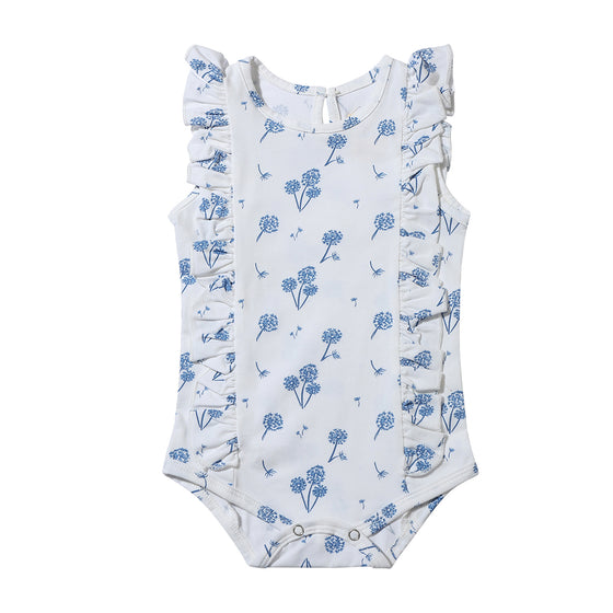 A flat shot of the lark onesie in blue dandelion print 