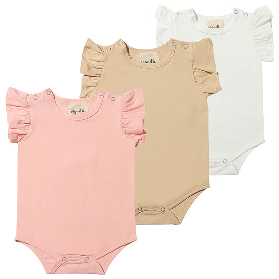 Three basic onesies in pink, white, and Beige. comes in sizes 0-3 months -18/24 months