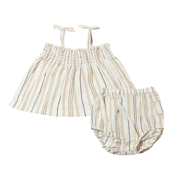 tan and white striped smocked baby dress with matching bloomer 