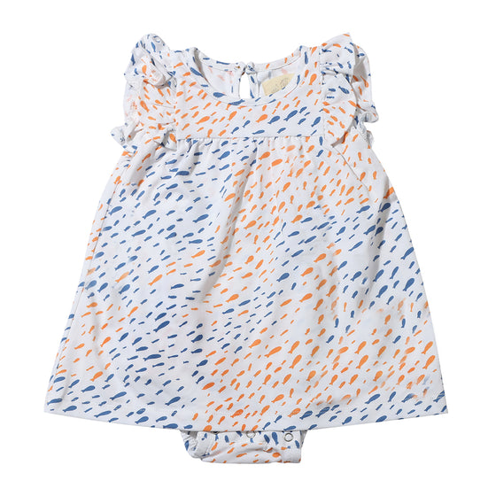 Flat shot of Jenn Dress in Blue and Orange Fish Print