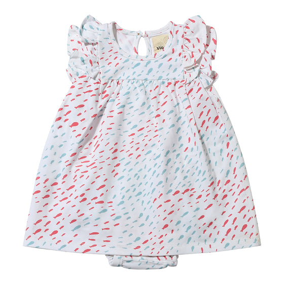 Flat shot of the Jenn Dress in Coral and Aqua print 
