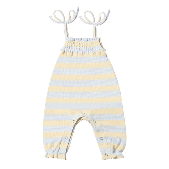 Baby romper in soft ribbed pale yellow nad blue stripes, comes in size 0-3 months through 18-24 months 