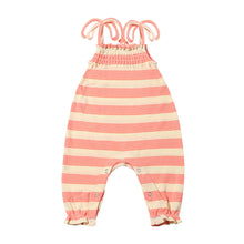  playful baby romper in coral and yellow stripe, comes in sizes 0-3 months through 18-24 months 