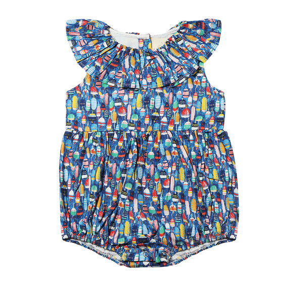 Vignette’s Maya bubble romper in nautical buoy print.  Shop this adorable coastal-inspired bubble for your little one’s wardrobe.