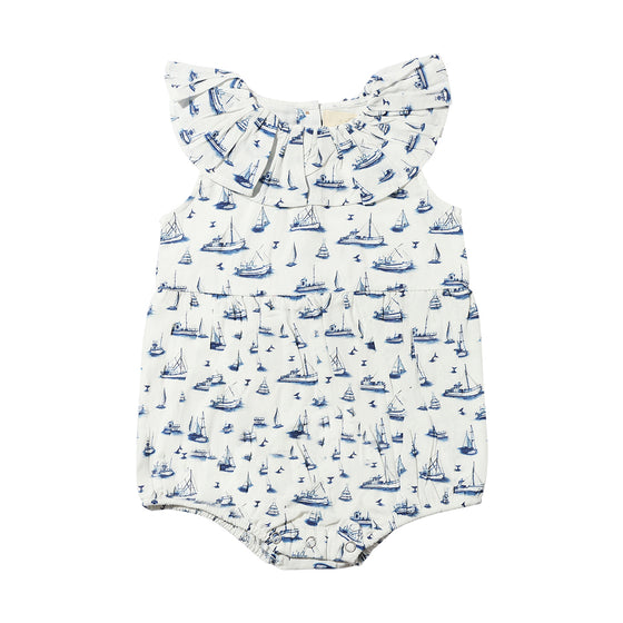 Vignette Maya Romper in Nautical Boats print. A stylish and breathable summer outfit for babies and toddlers. 
