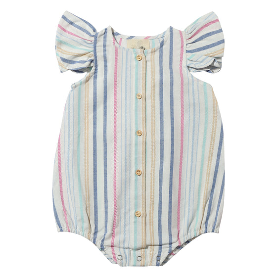 The Cammie Bubble in Pink and Blue Multi Stripe is a charming and stylish romper for babies, featuring flutter sleeves and a colorful stripe pattern in pink, blue, and white. This playful baby bubble is made from soft, breathable fabric, making it perfect for warm weather and summer outings. Its vibrant design offers a mix of comfort and style, making it a must-have addition to any toddler’s wardrobe for beach days, family gatherings, or everyday wear.