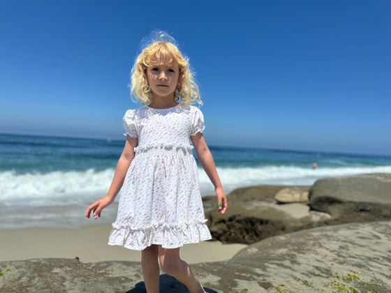 Keely Dress in Tan and Pink Fish Print