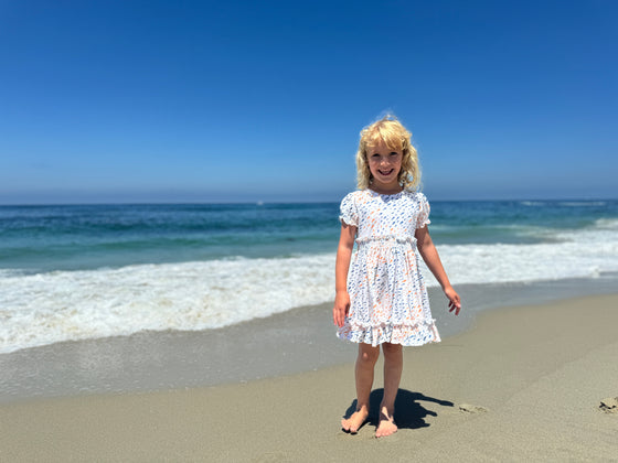 Keely Dress in blue and yellow Fish Print