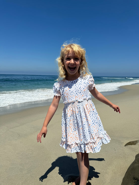 Keely Dress in blue and yellow Fish Print