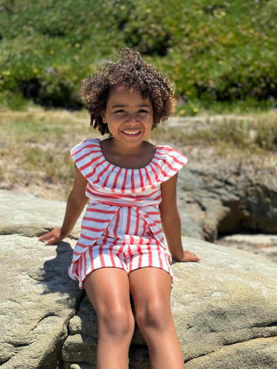 Dolly Romper in Coral Stripe Terry