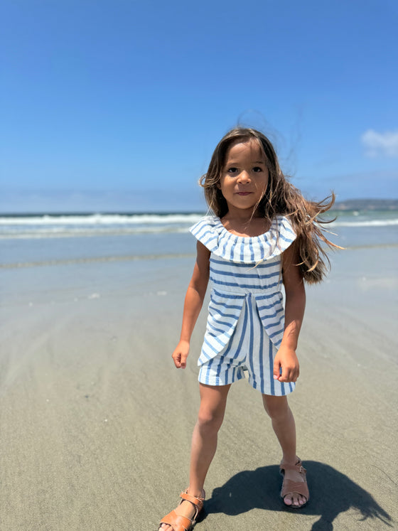 Dolly Romper in Blue Stripe Terry