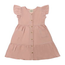  Blush Pink tiered sundress with pockets, flutter sleeves, and wooden buttons running down the front, size 12-18m-16y